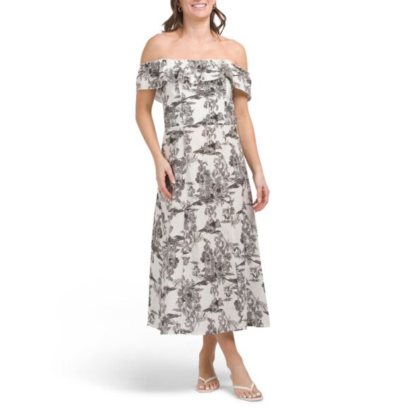 FRANCESCA BETTI  Italy Linen Off The Shoulder Ruffle Toile Print Dress - Picture 1 of 2